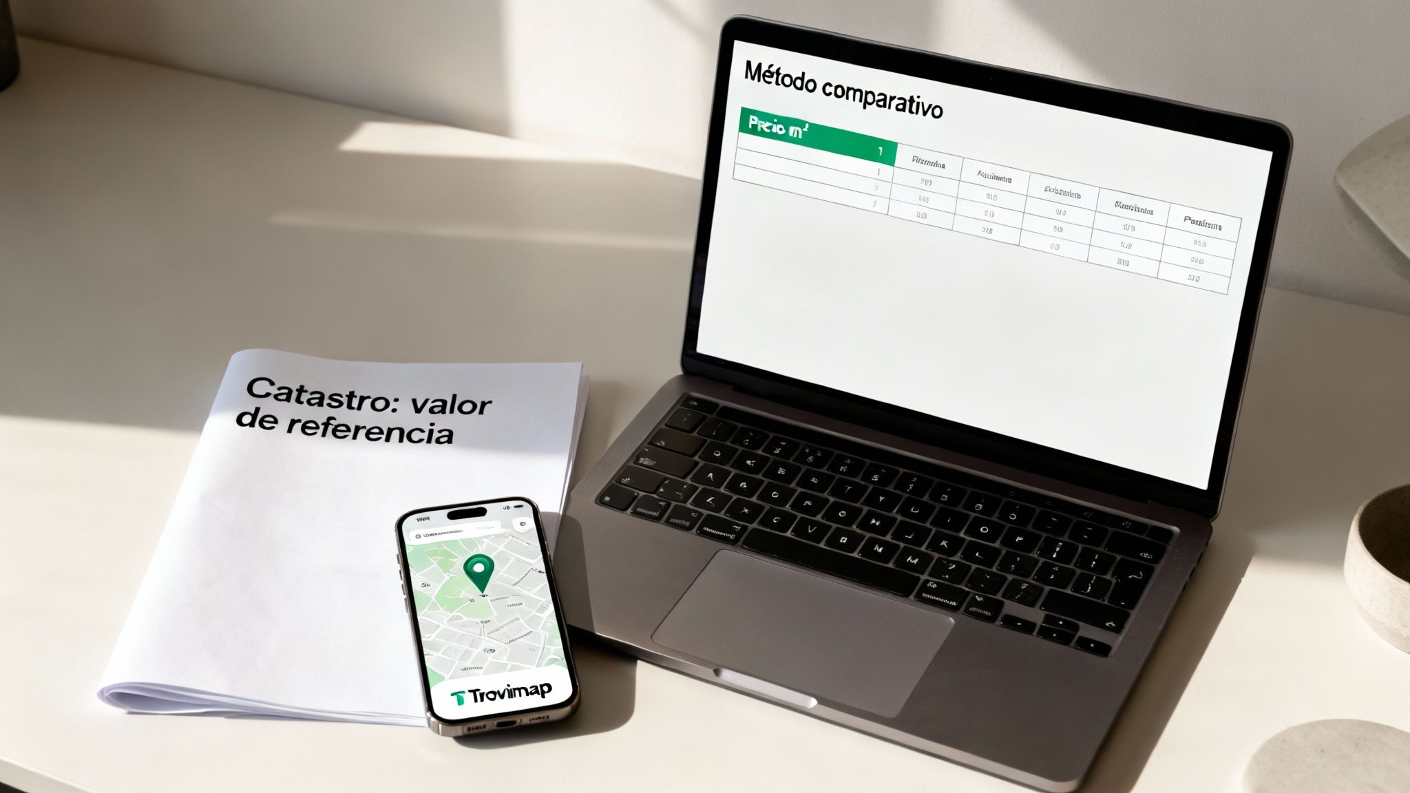 Una mesa con un portátil mostrando un método comparativo, un documento de catastro y un móvil con mapa.