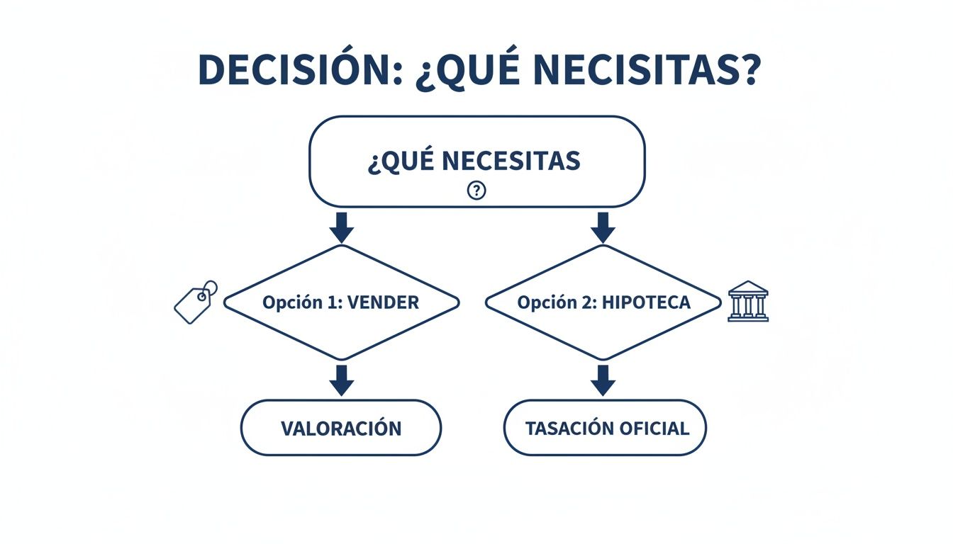 Diagrama de decisión sobre qué necesitas: vender tu vivienda (valoración) o hipoteca (tasación oficial).