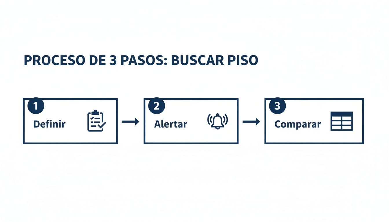 Infografía del proceso de búsqueda de piso en 3 pasos: definir criterios, activar alertas y comparar opciones.