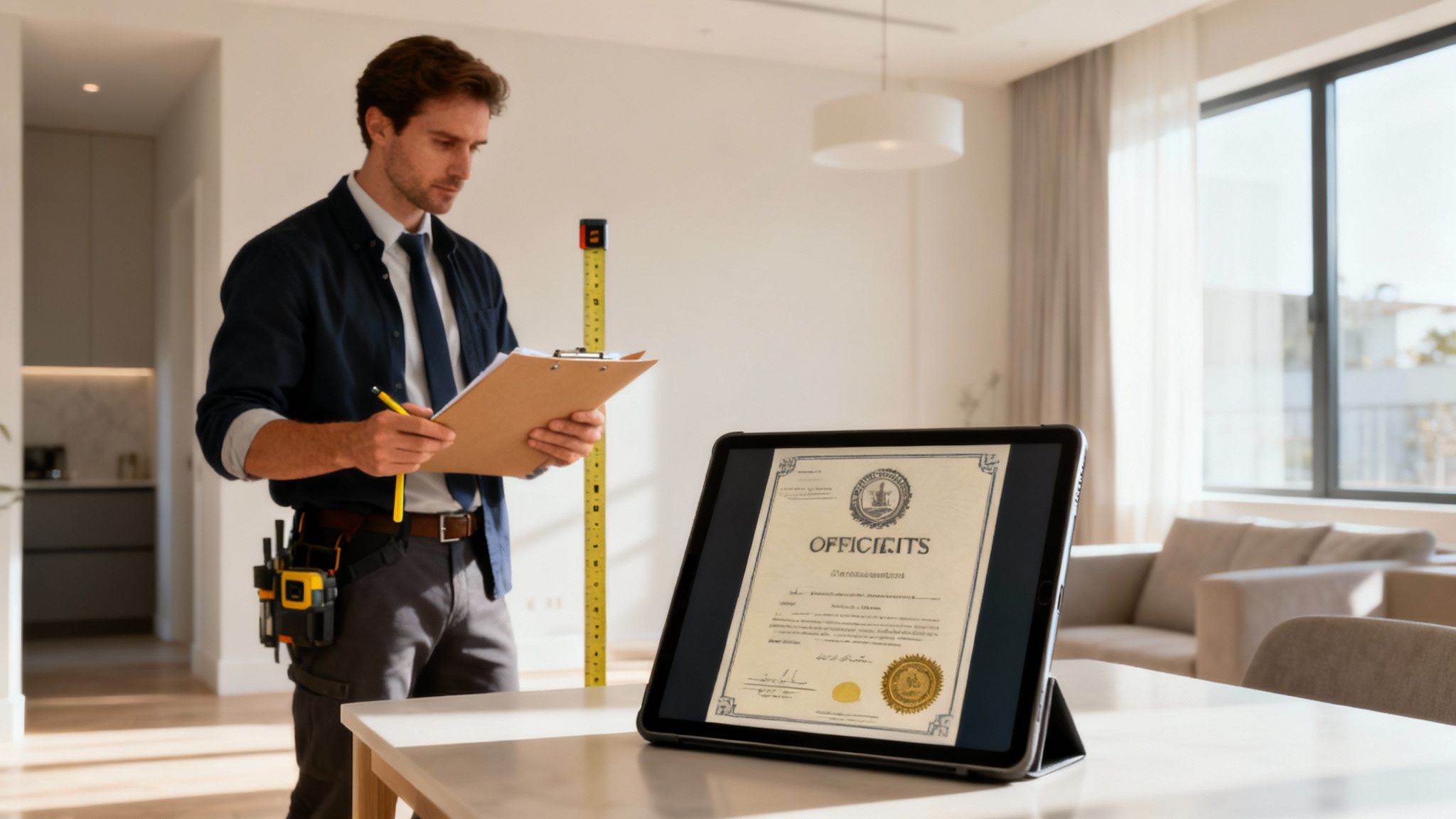 Hombre tasador o perito inmobiliario revisando documentos en un portapapeles y una tableta con un certificado en una casa moderna.