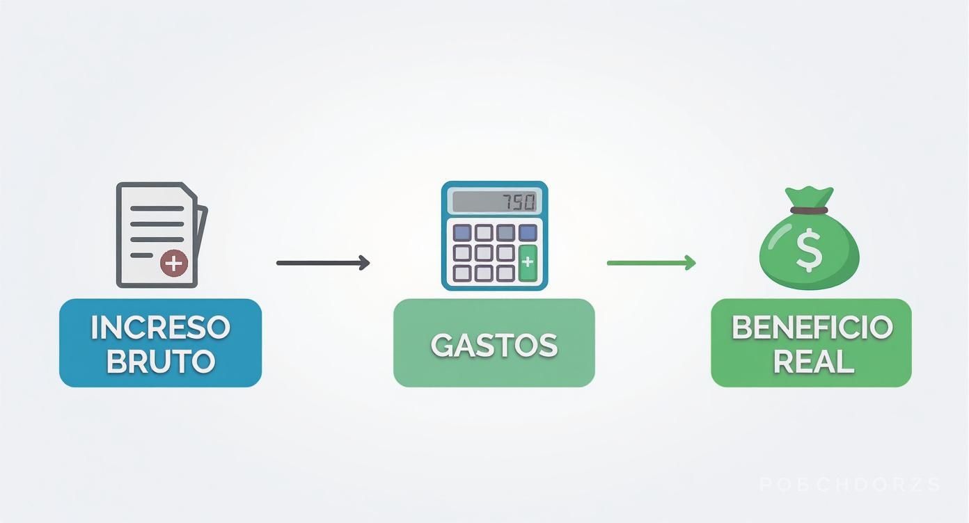 Diagrama que ilustra el proceso de cálculo de rentabilidad: Ingreso Bruto menos Gastos da como resultado el Beneficio Real.