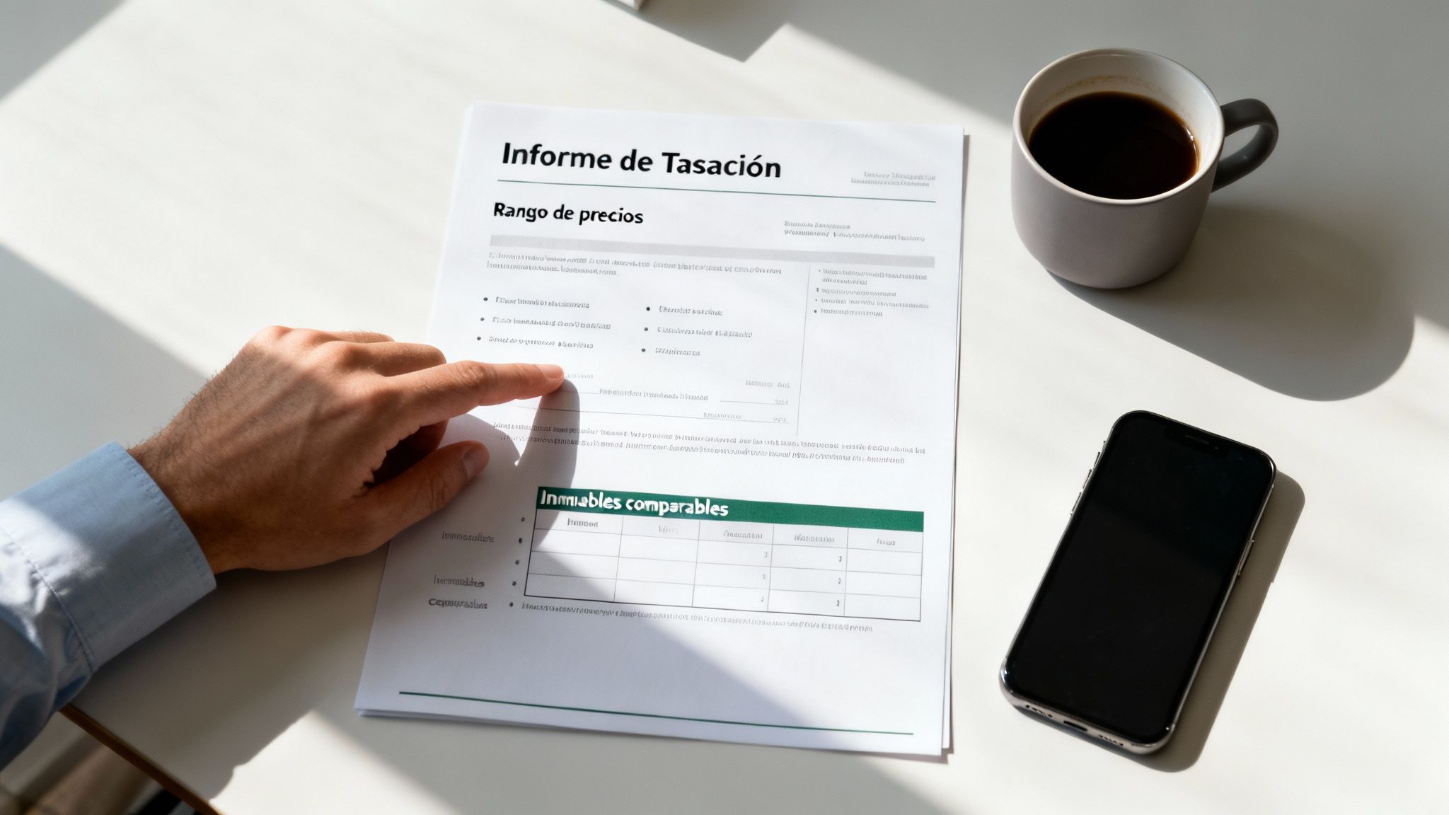 Mano de persona señalando un informe de tasación de precios, con café y un móvil en el escritorio.