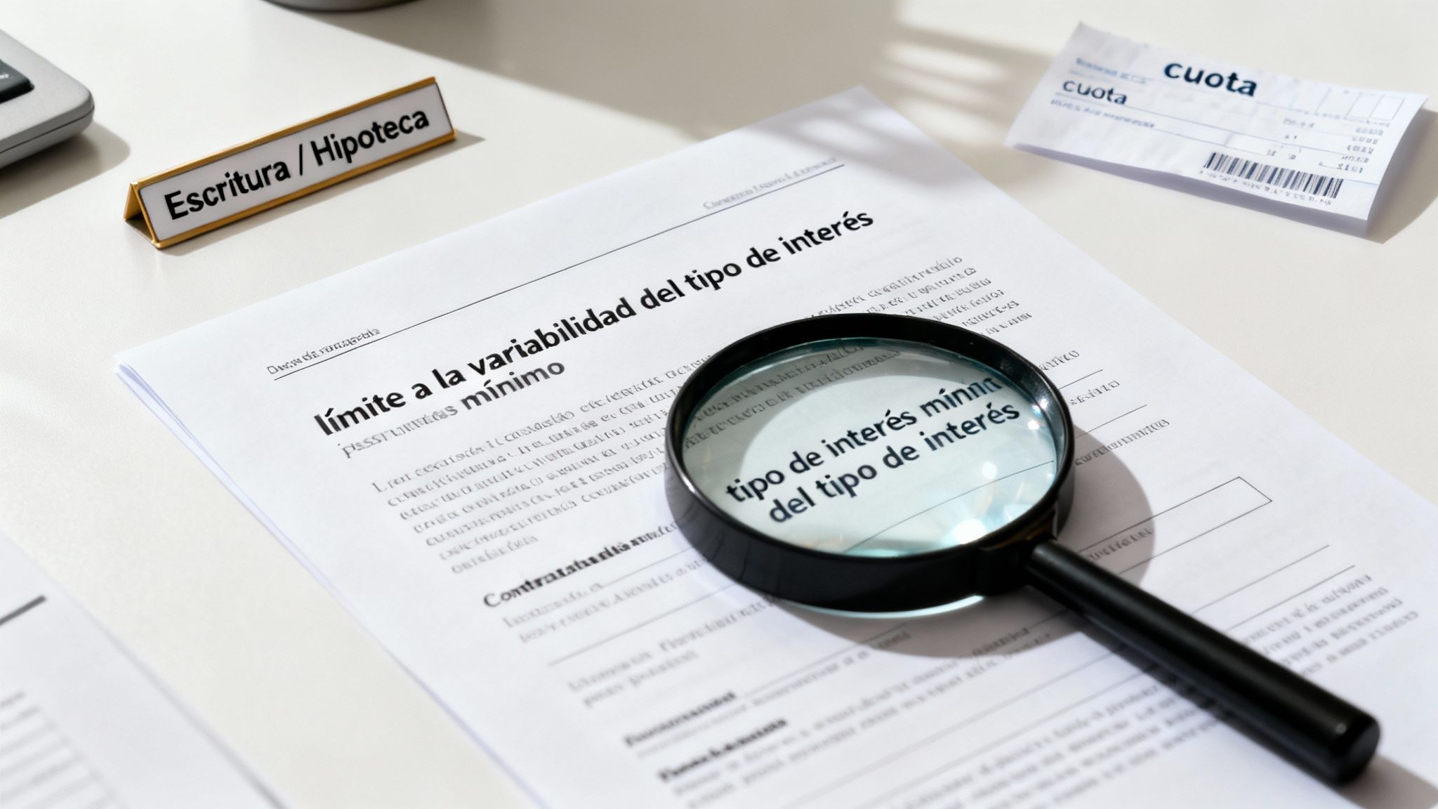 Documento hipotecario con lupa sobre el tipo de interés, junto a etiqueta de 'Escritura / Hipoteca'.