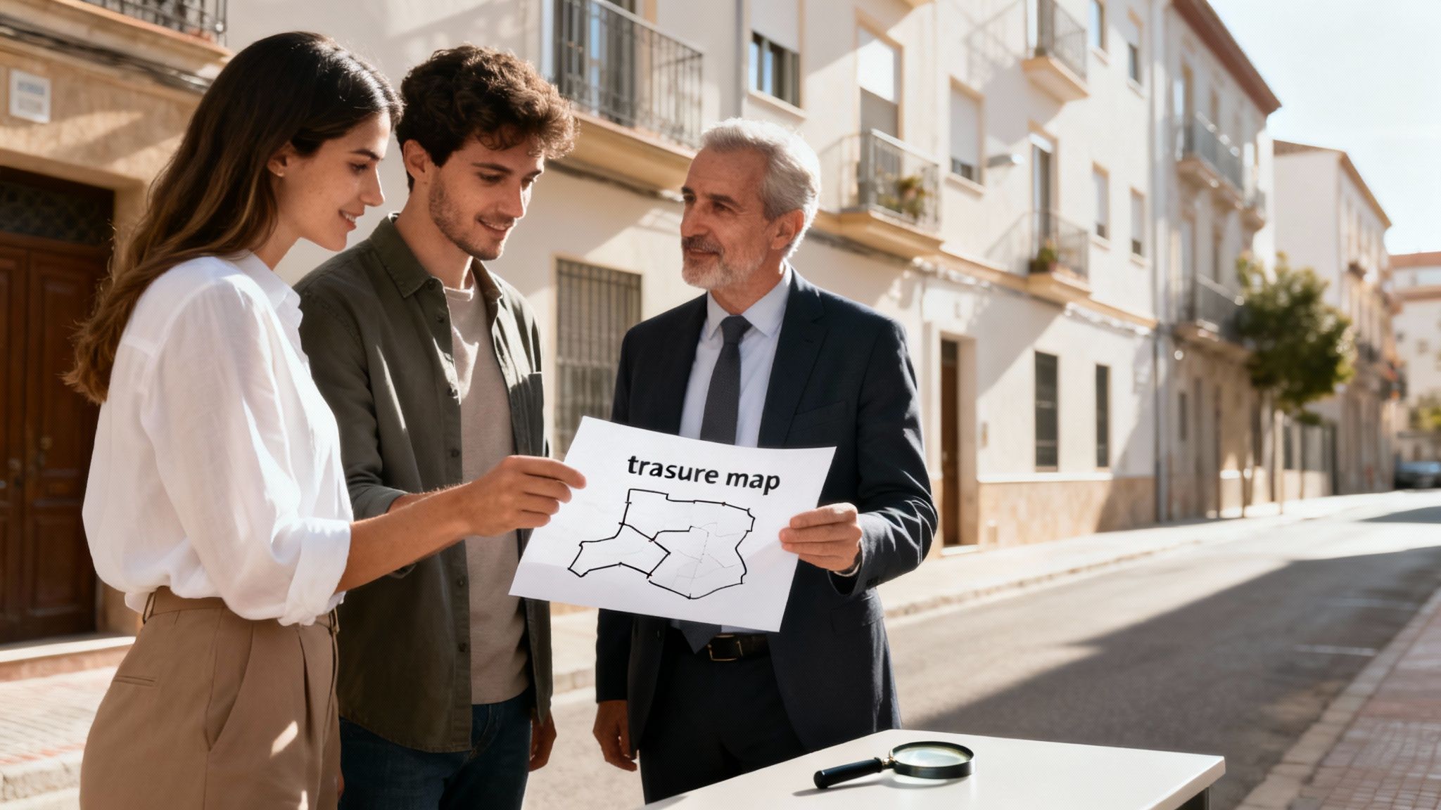 Tres personas, una pareja joven y un hombre mayor, observan un mapa de propiedades en la calle.