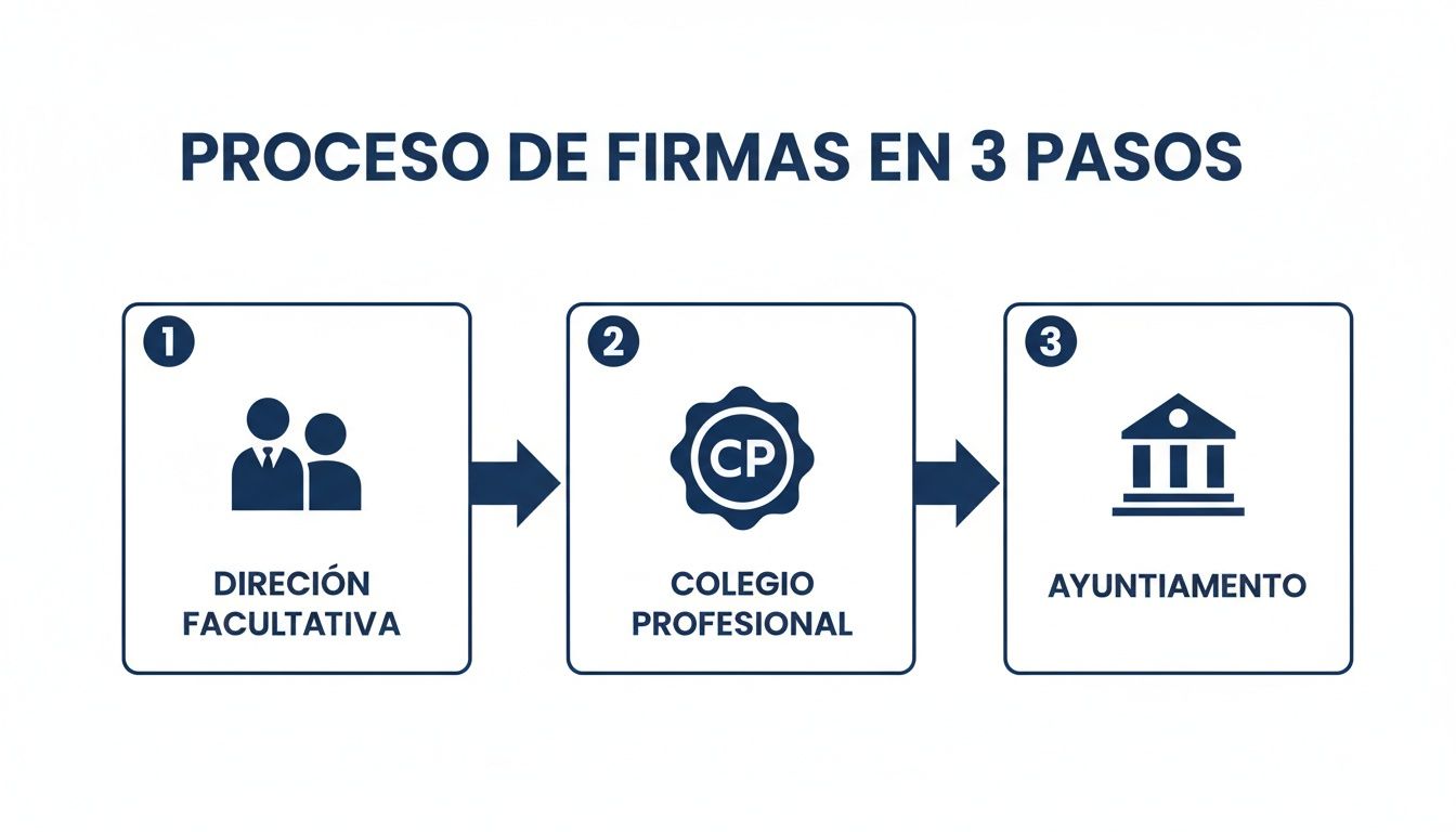 Diagrama que ilustra el proceso de firmas en 3 pasos: Dirección Facultativa, Colegio Profesional y Ayuntamiento.