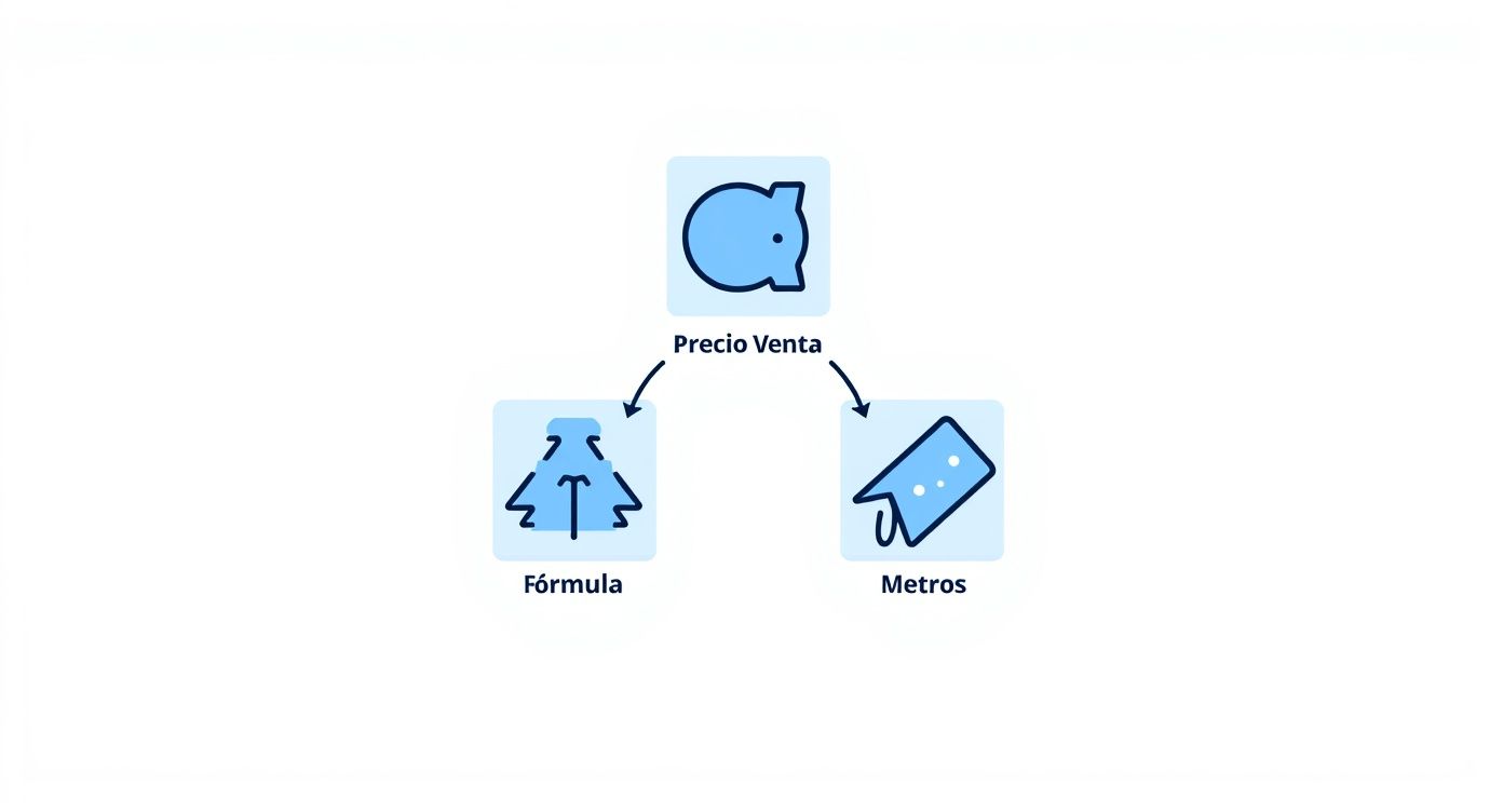 Infografía que explica la fórmula del precio por metro cuadrado con iconos claros.