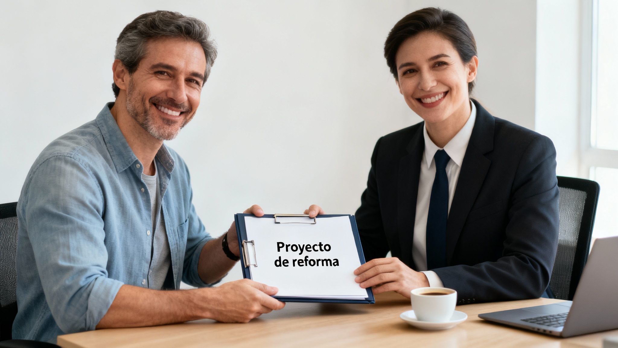 Hombre y mujer sonrientes en una oficina, presentando un documento de 'Proyecto de reforma' juntos.