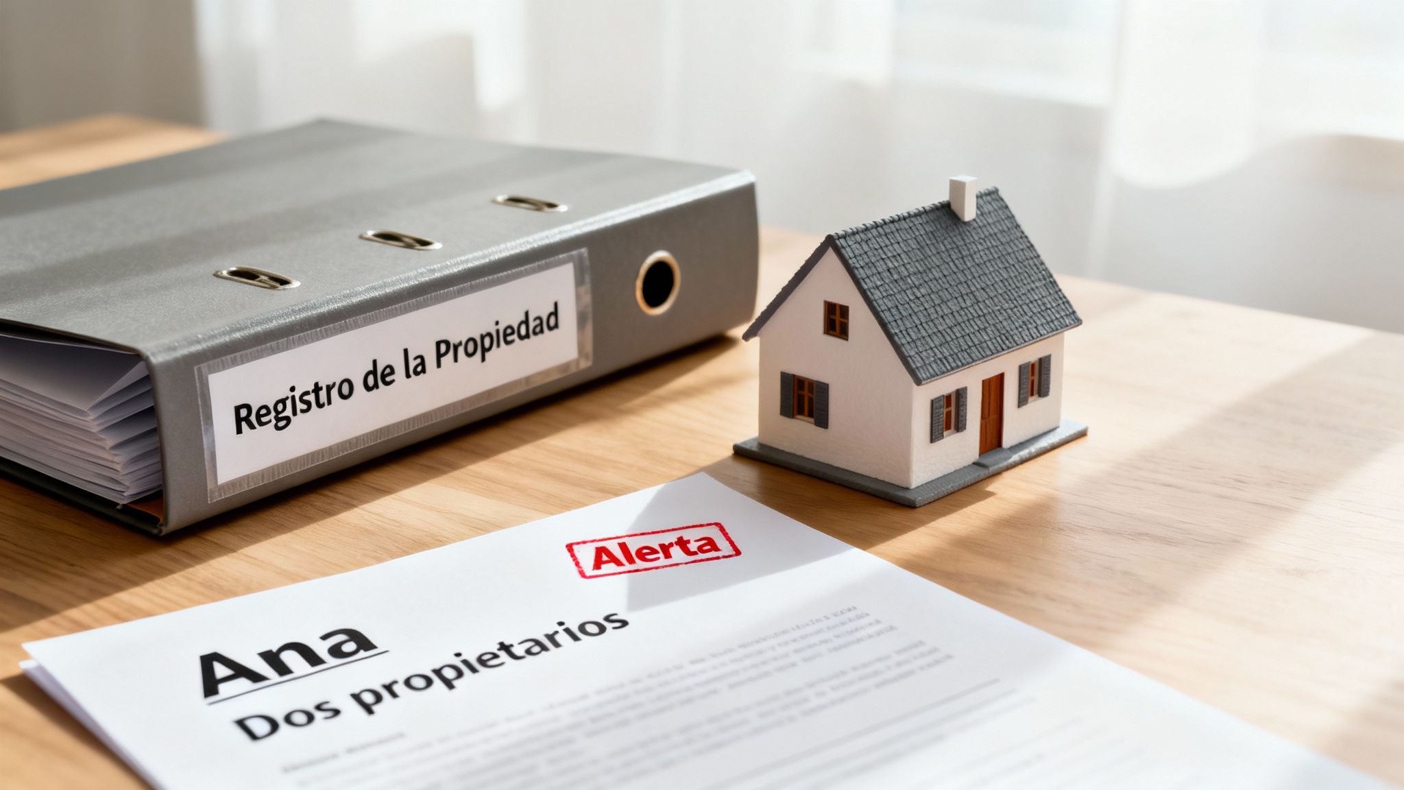 Una carpeta con la etiqueta 'Registro de la Propiedad', una casa en miniatura y un documento de alerta en un escritorio.