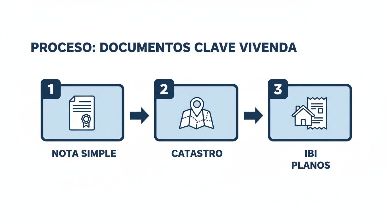 Diagrama de proceso de tres pasos con iconos para documentos clave de vivienda: Nota Simple, Catastro, IBI y planos.