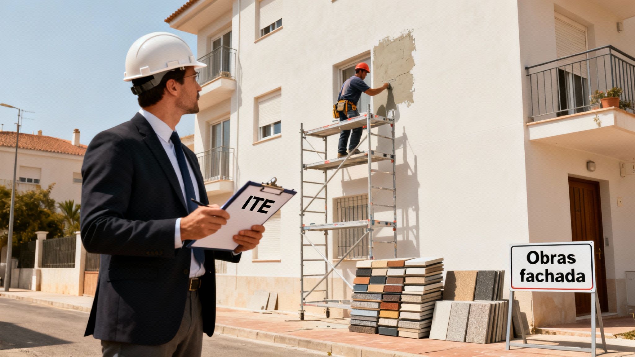 Arquitecto con casco inspecciona obras de rehabilitación de fachada con andamios y materiales.