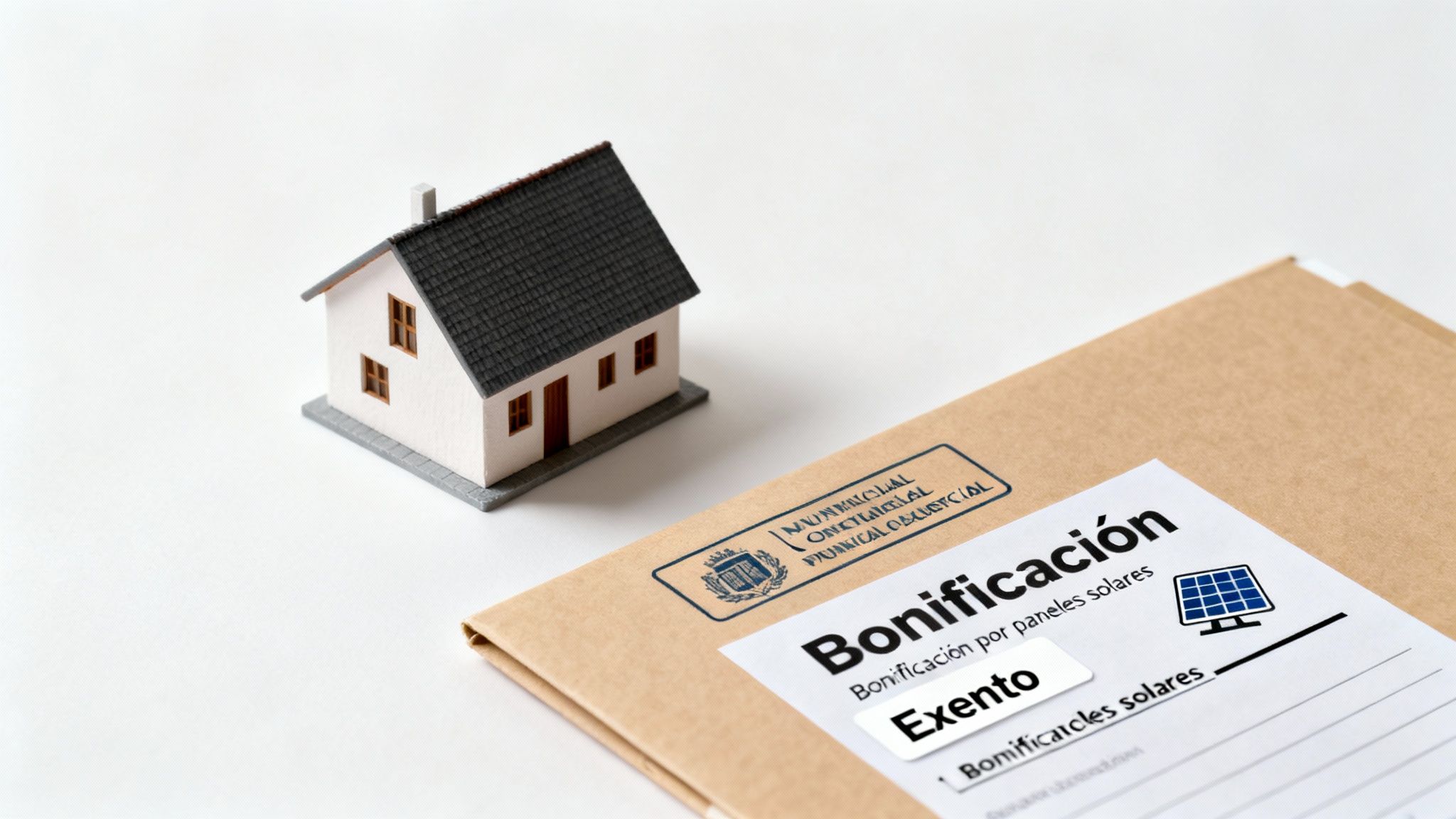 Casa en miniatura con documentos de bonificación y exención por instalación de paneles solares.