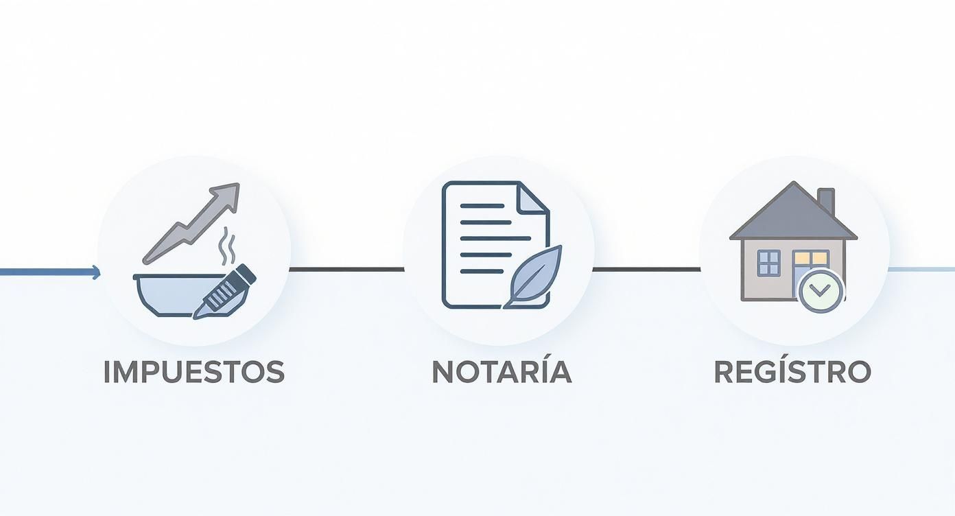 Diagrama ilustrando el proceso de compra de una vivienda, incluyendo impuestos, notaría y registro de la propiedad.