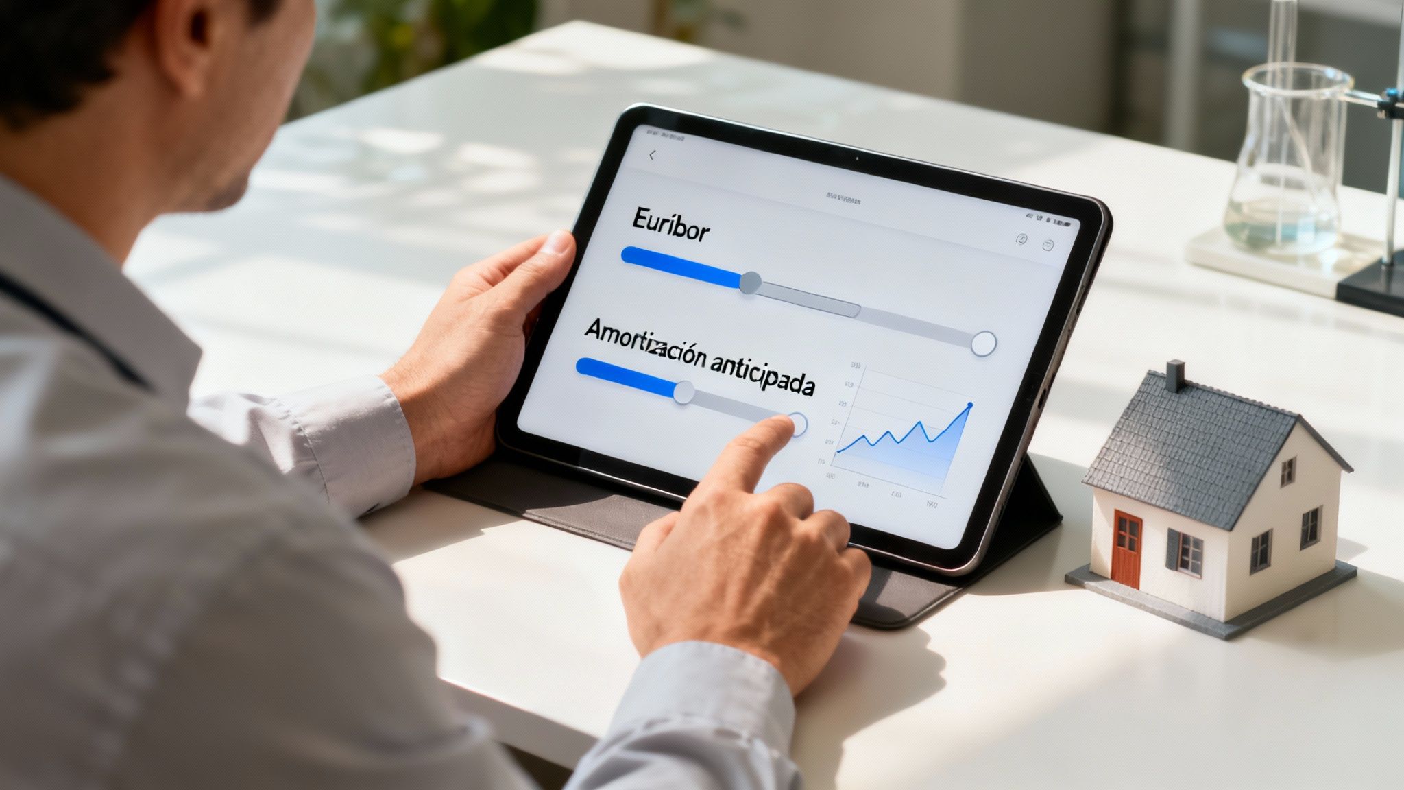Persona usando una tablet para simular una hipoteca online, ajustando Euribor y amortización anticipada, junto a una casa.