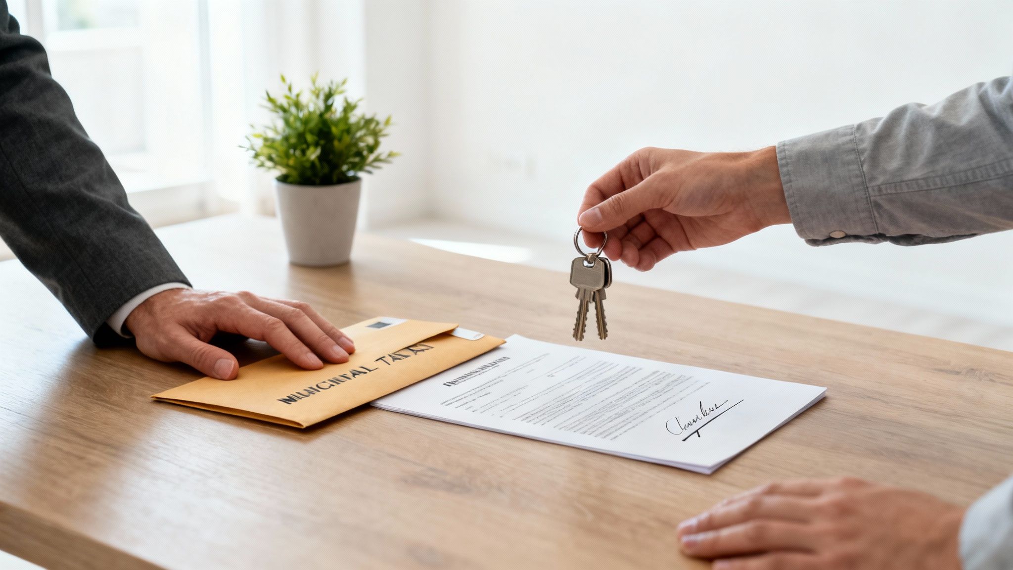Manos intercambiando llaves y documentos sobre una mesa de madera, con un sobre de impuestos municipales.