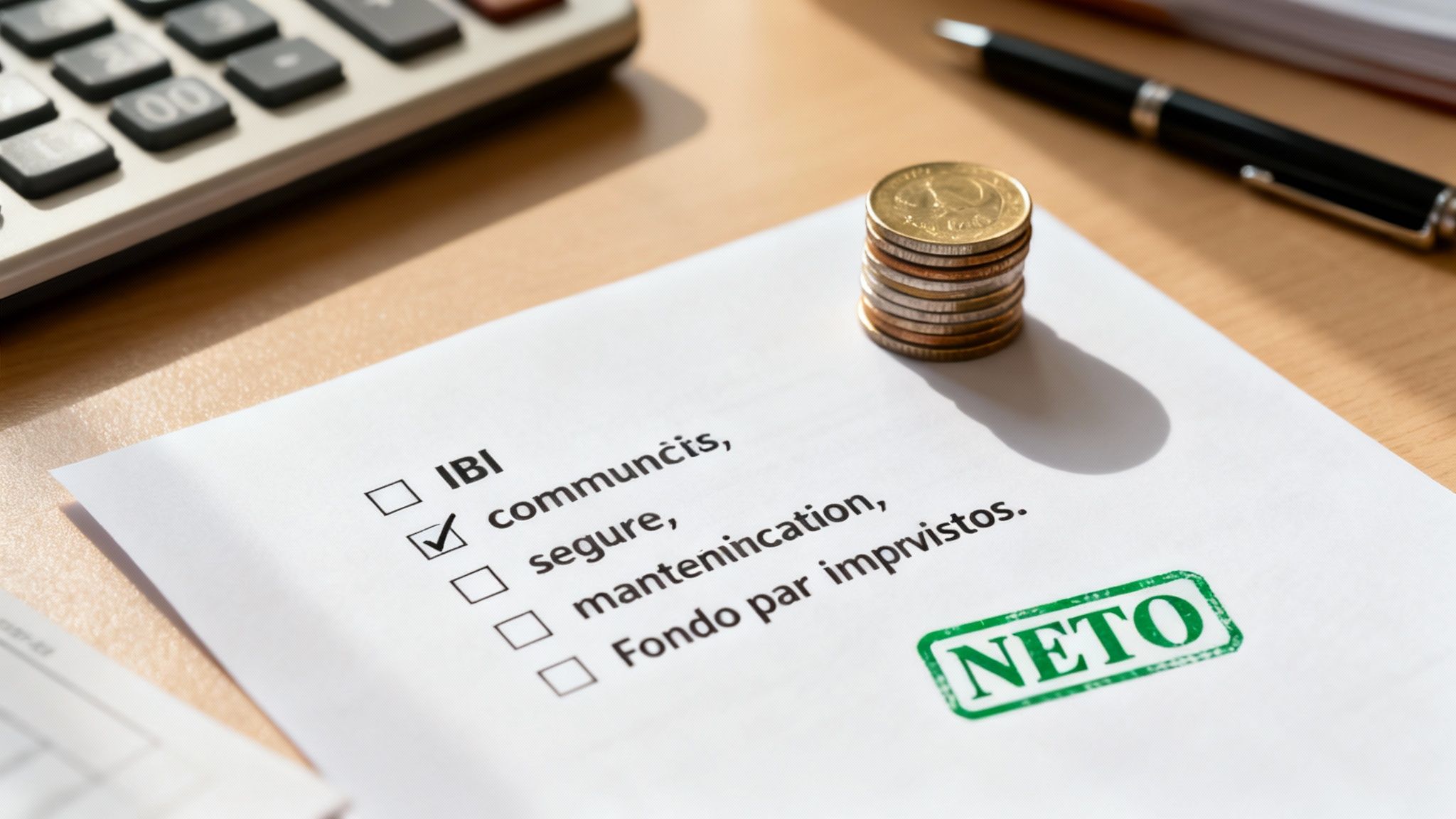 Documento con lista de gastos, seguro marcado, monedas, calculadora y sello NETO, simbolizando gestión financiera.