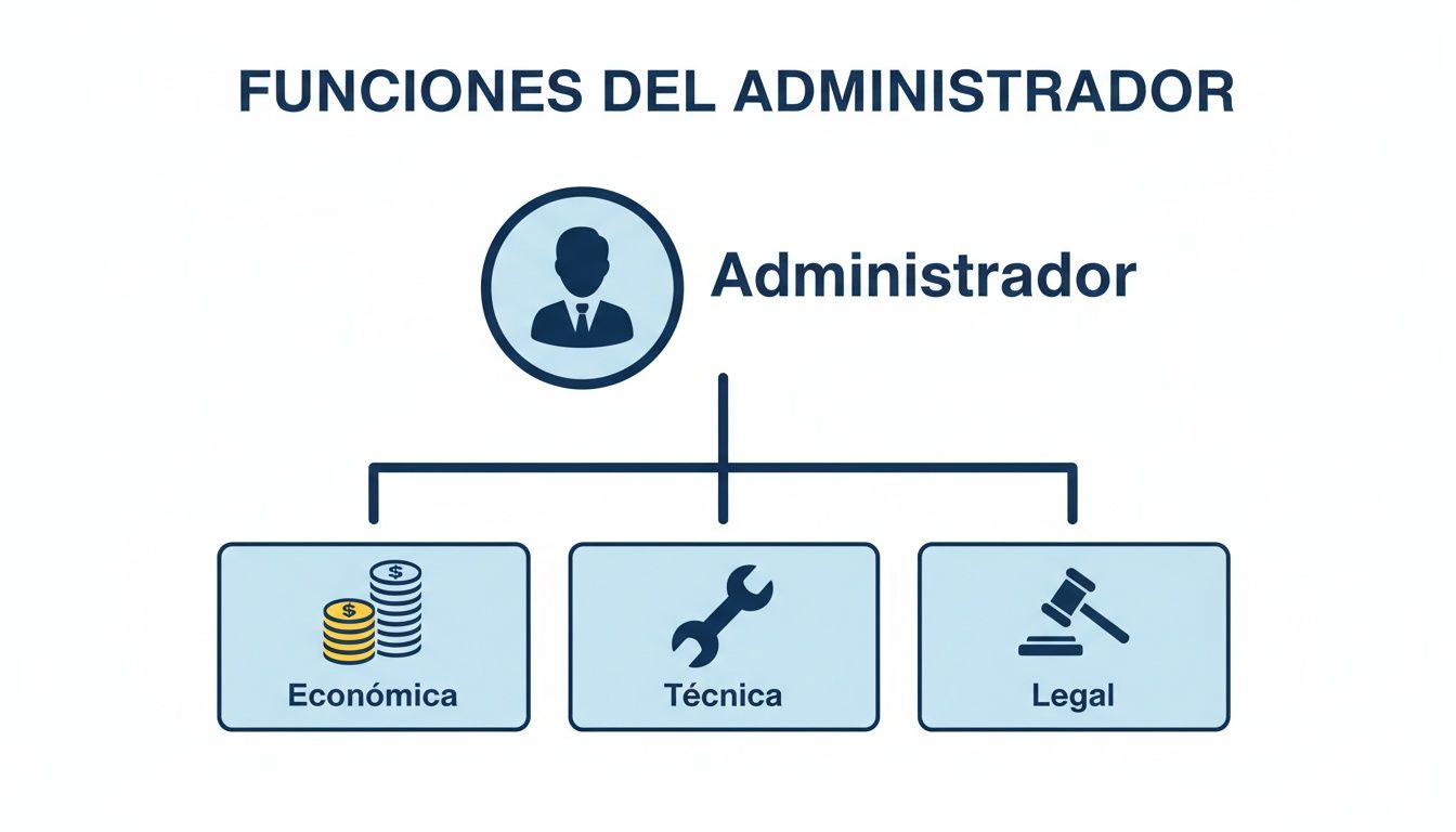 Diagrama que ilustra las funciones de un administrador: económica, técnica y legal, con sus respectivos iconos.