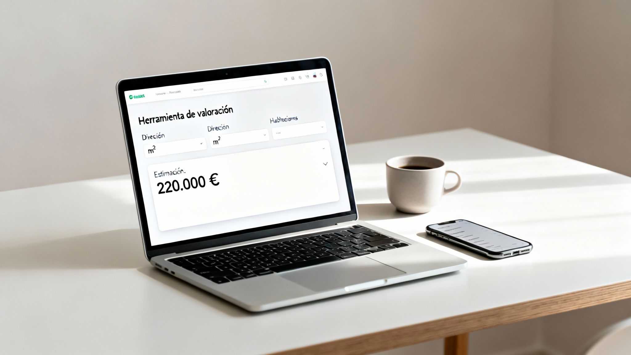 Un portátil muestra una herramienta de valoración de propiedades con una estimación de 220.000 euros, junto a una taza de café y un móvil.