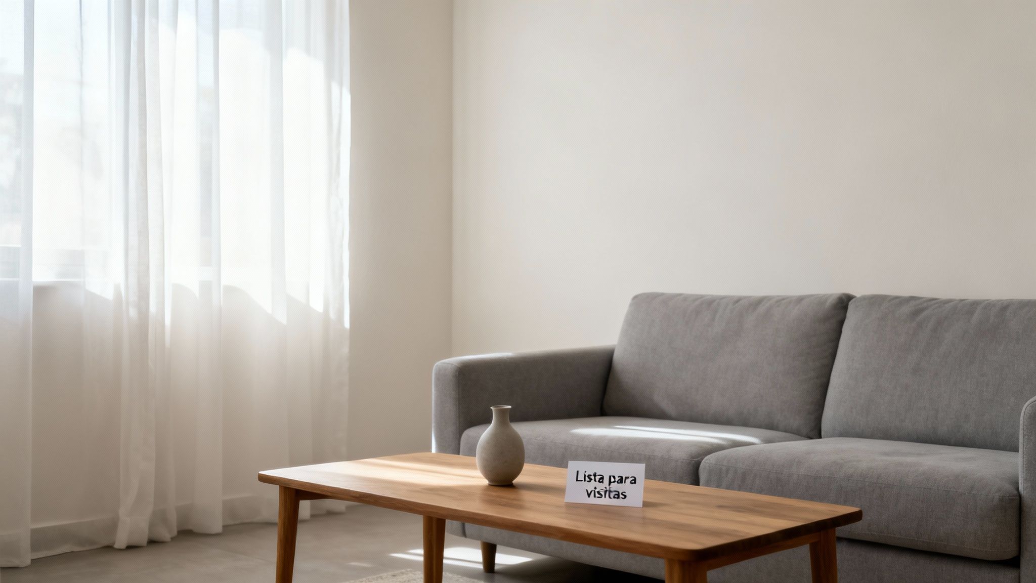 Una sala de estar luminosa con un sofá gris, mesa de centro de madera y cartel 'Lista para visitas'.