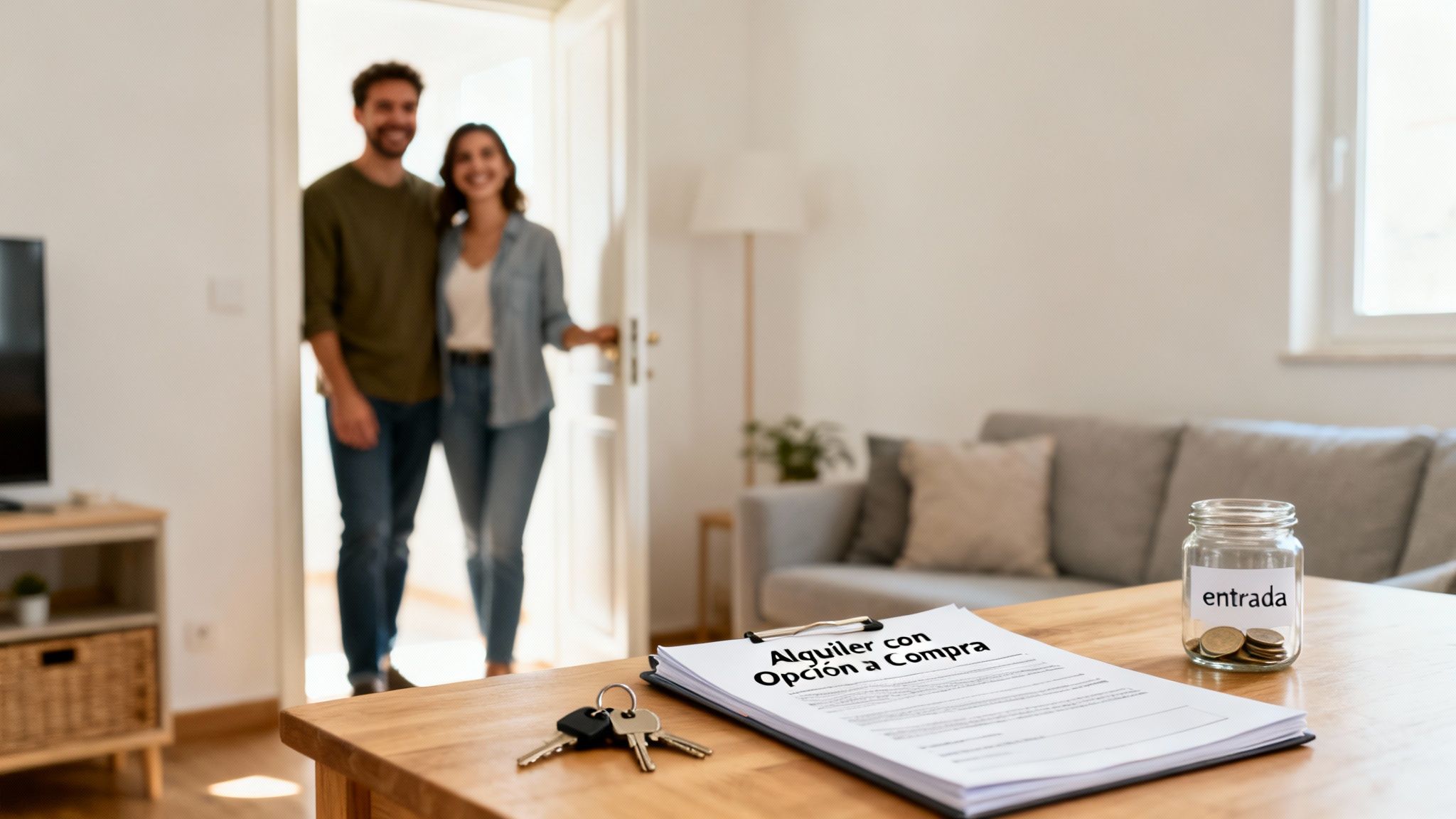 Documento de alquiler con opción a compra, llaves y ahorros en frasco, con pareja feliz de fondo.