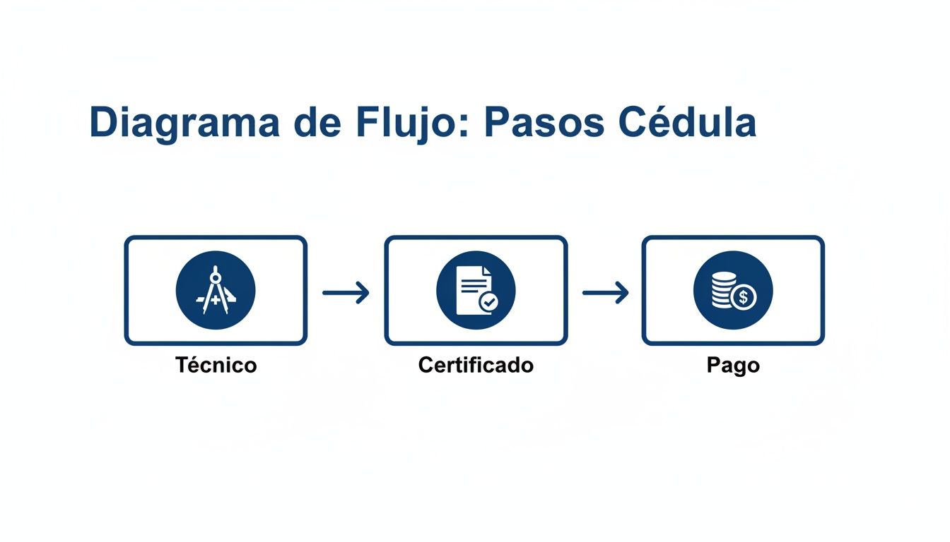 Un diagrama de flujo que ilustra los pasos para obtener una cédula: técnico, certificado y pago.