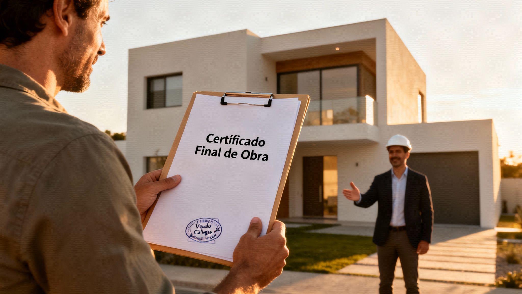 Un hombre sostiene un "Certificado Final de Obra" frente a un arquitecto y una casa moderna.