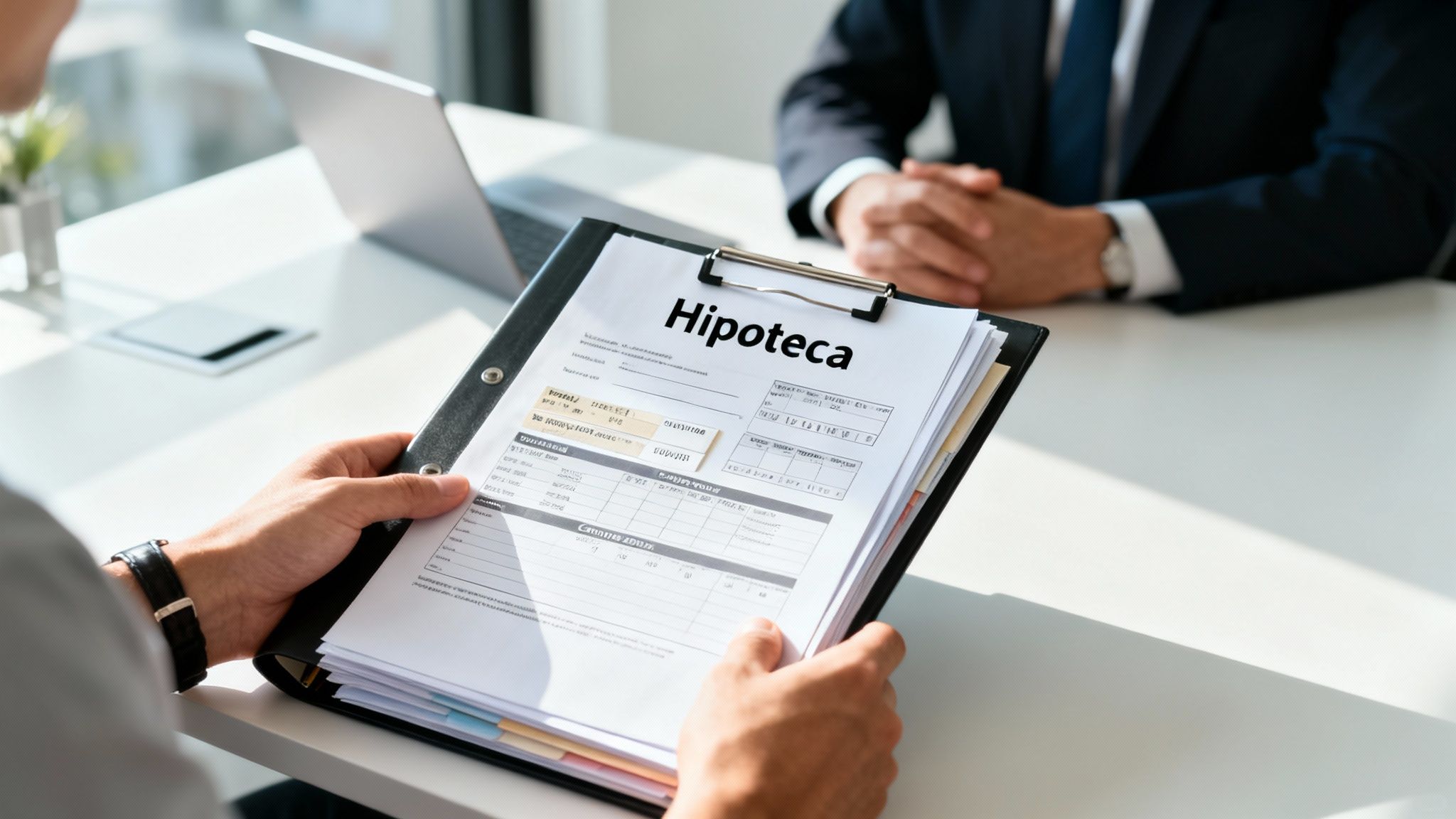 Persona revisando documentos de hipoteca con un asesor financiero, discutiendo opciones de préstamo.