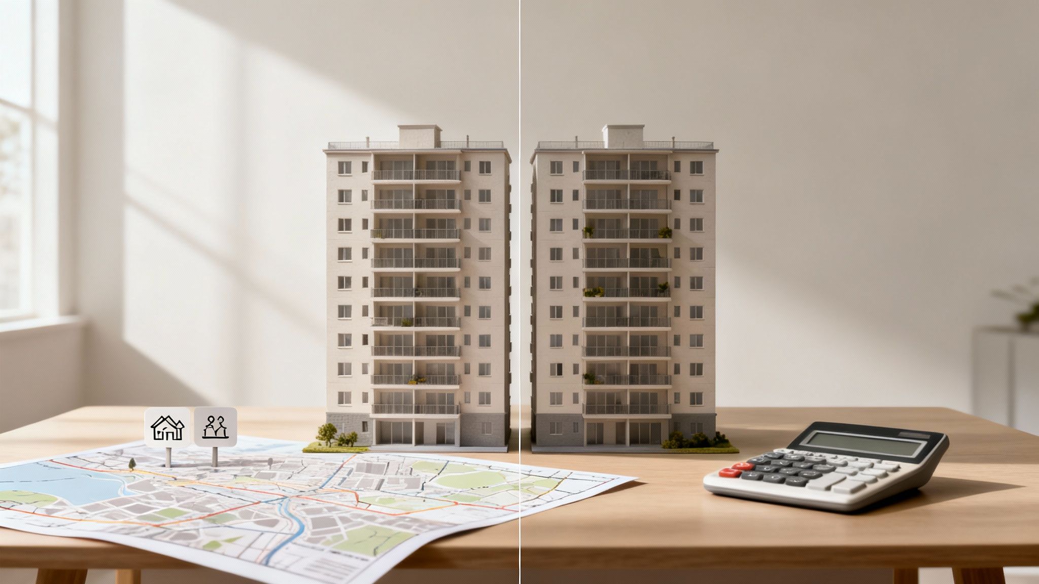 Maquetas de edificios de apartamentos con un mapa, iconos de hogar/familia y una calculadora sobre una mesa de madera.