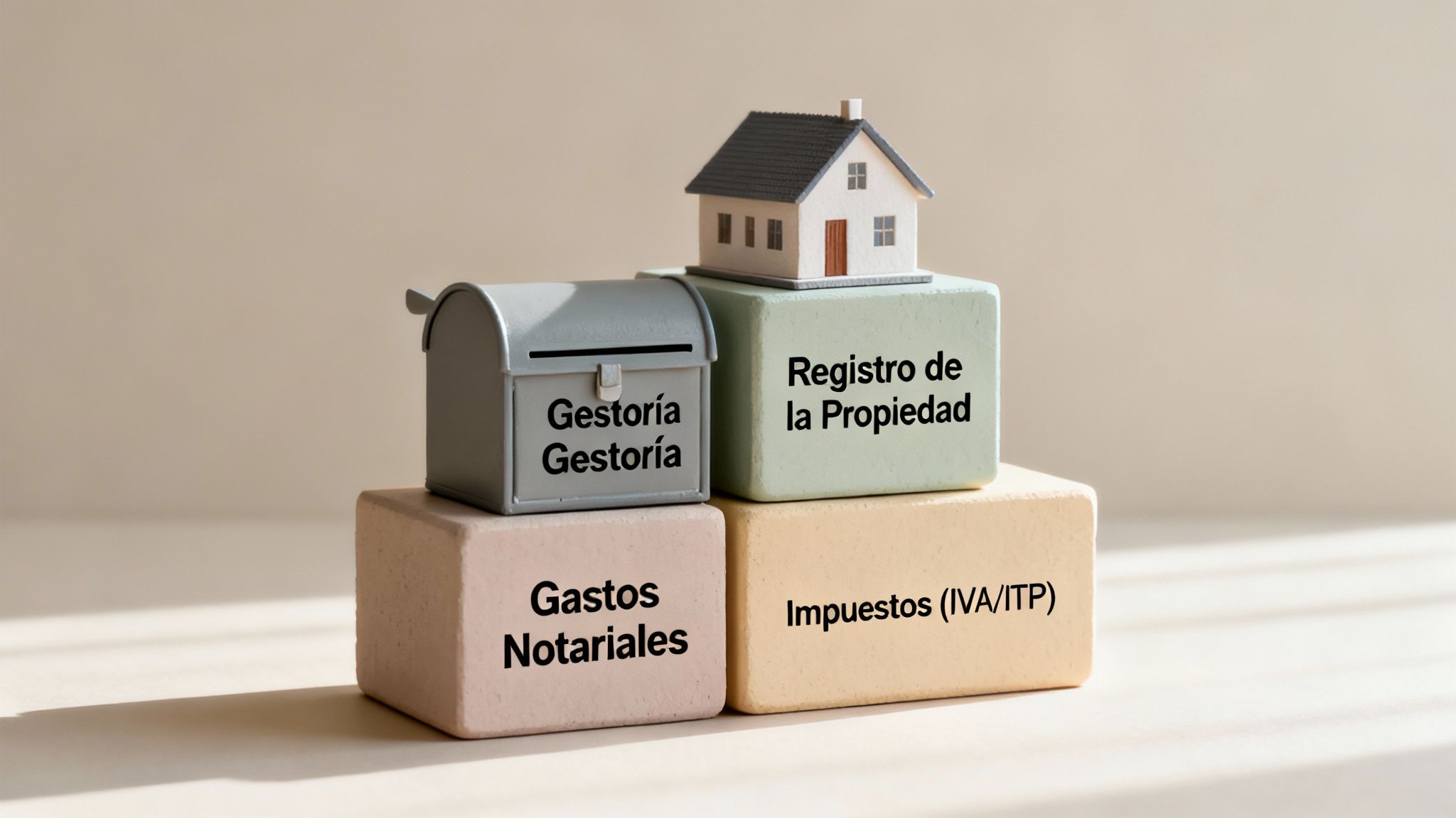 Representación visual de los gastos asociados a la compra de una vivienda: gestoría, notaría, registro e impuestos.