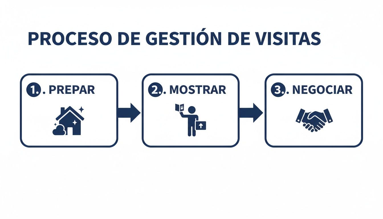 Diagrama de proceso de gestión de visitas en tres pasos: preparar, mostrar y negociar.