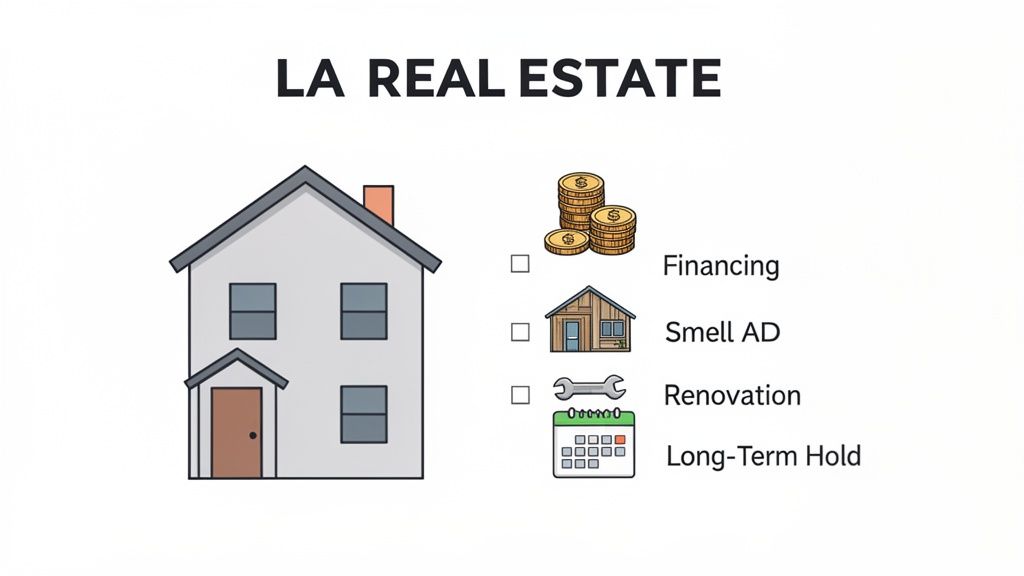 An illustration showing key considerations for LA real estate, including financing, renovation, and long-term hold.