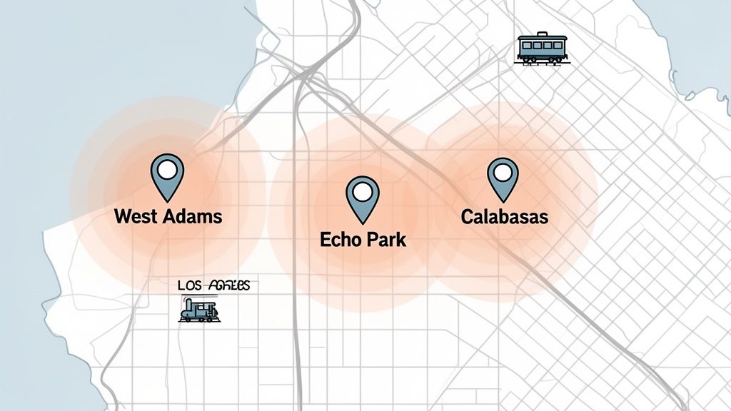 Map of Los Angeles showing West Adams, Echo Park, and Calabasas locations with train icons.