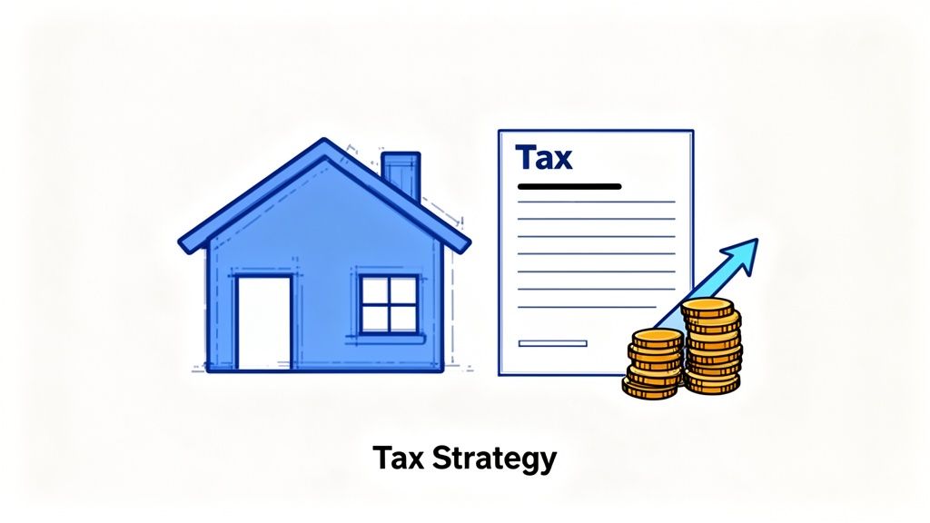 Illustration of a blue house, tax document, and increasing money stacks, representing property investment tax strategy.