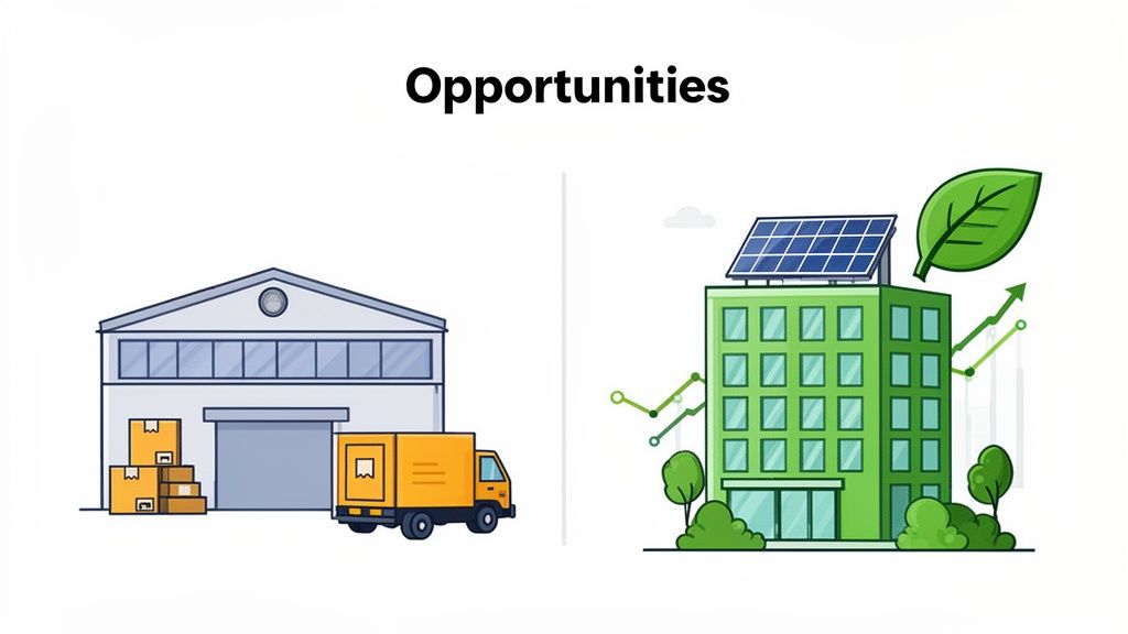 Illustration showing opportunities in commercial real estate: a traditional warehouse versus a green, solar-powered building with growth charts.
