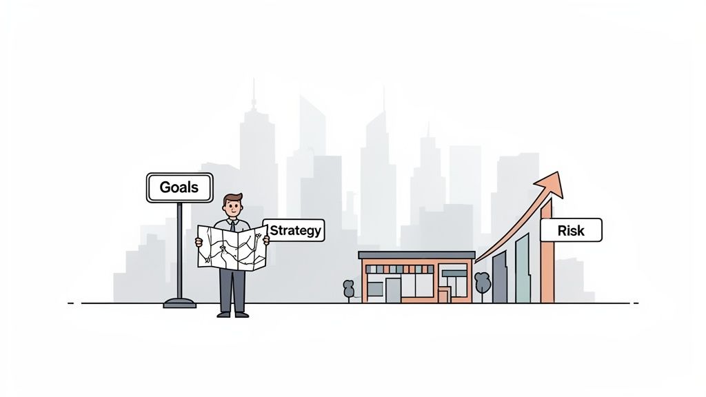 A businessman reviews a map (strategy) near a 'Goals' sign, depicting commercial real estate investment and rising risk.
