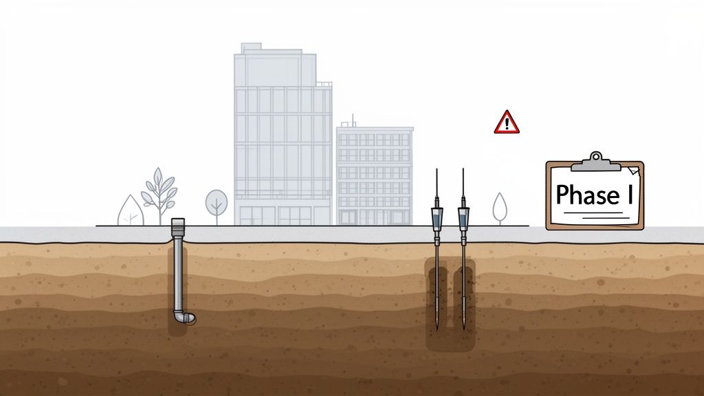 Illustration of a Phase I environmental site assessment with soil sampling, buildings, and a warning sign.