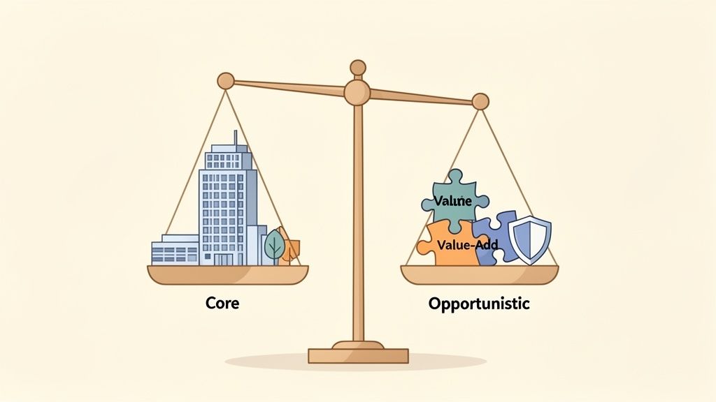 A balanced scale comparing core and opportunistic real estate investment strategies with respective symbols.