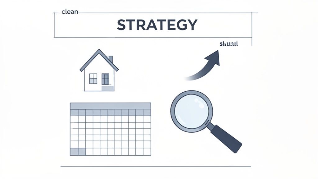 A diagram illustrating strategy with a house, calendar grid, magnifying glass, and upward arrow.