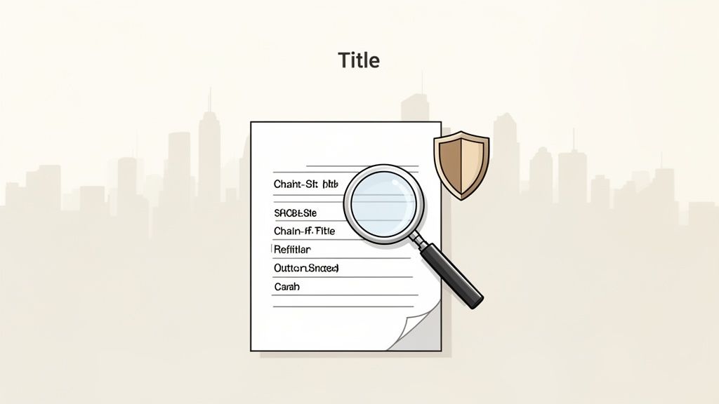 A document with a magnifying glass and a shield, symbolizing secure document review or due diligence against a city skyline.
