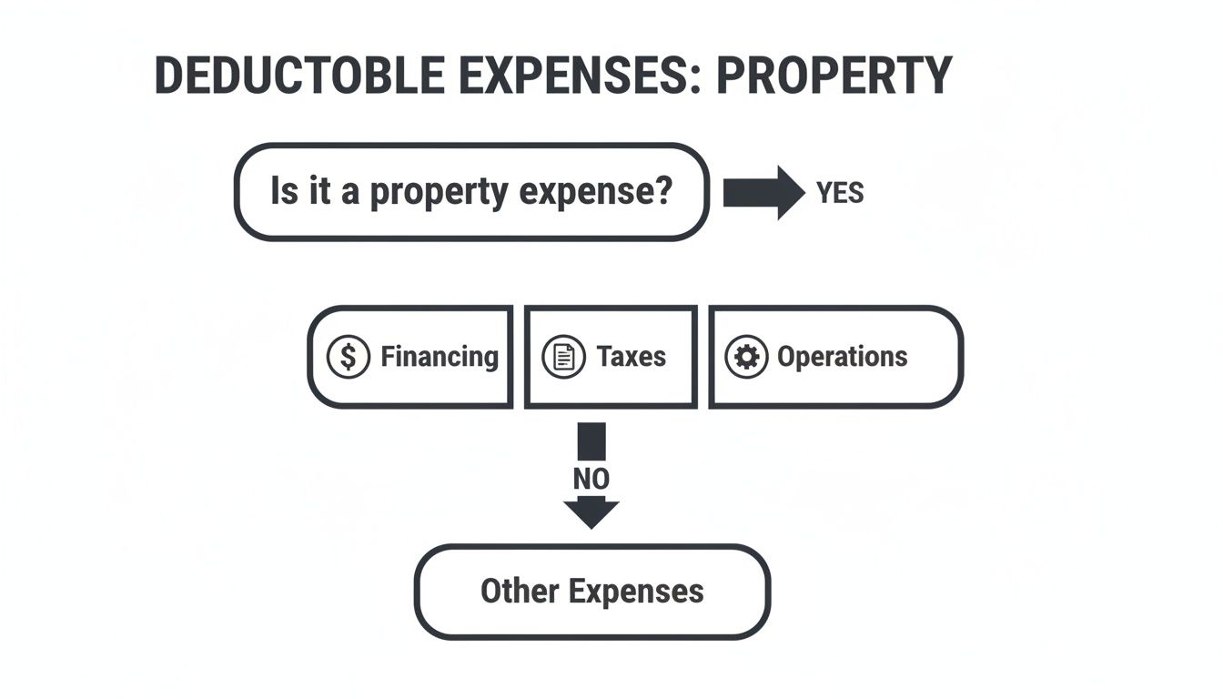 Flowchart illustrating deductible property expenses, categorizing them into financing, taxes, and operations.