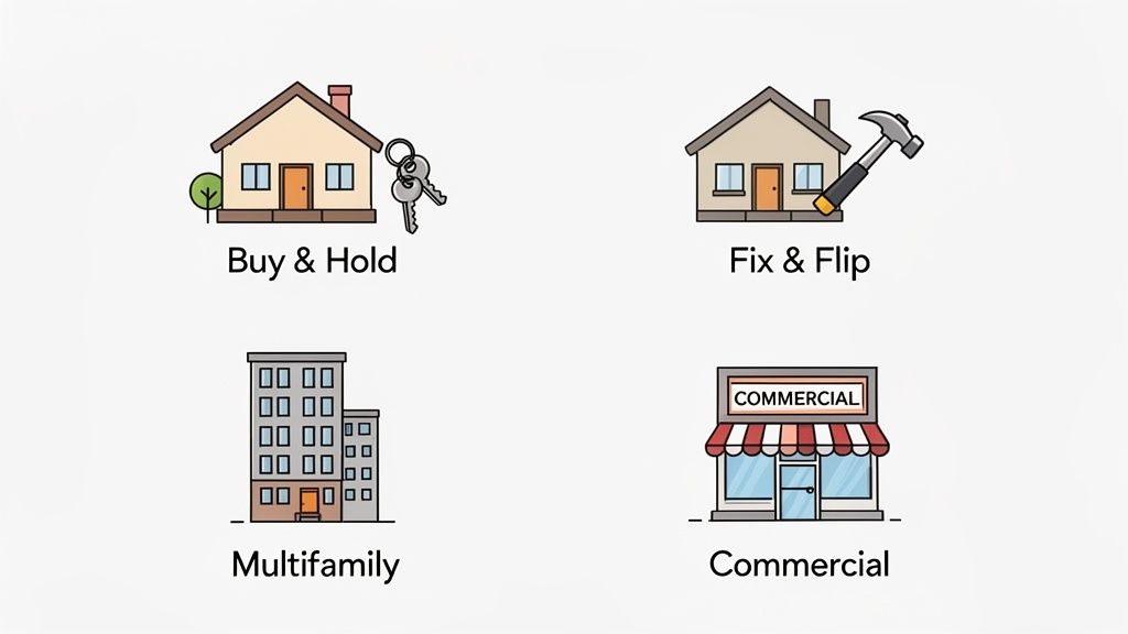 Illustrations showing four real estate investment strategies: buy & hold, fix & flip, multifamily, and commercial.