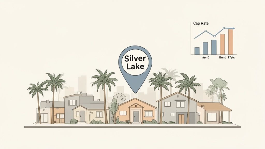 Illustration of a vibrant Silver Lake neighborhood with palm trees, houses, and real estate market analysis chart.