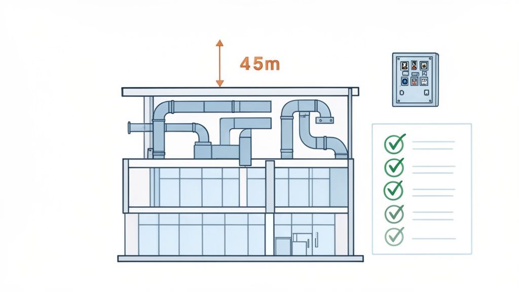 Illustration of a two-story building with an HVAC system, a 45m height indicator, and a completed checklist.