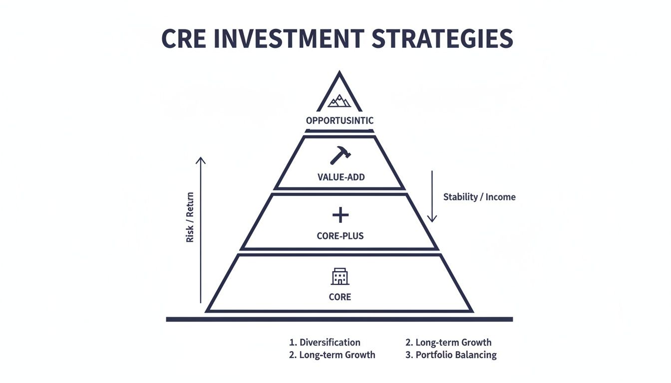 Pyramid chart illustrating commercial real estate investment strategies from core to opportunistic, showing risk and return levels.