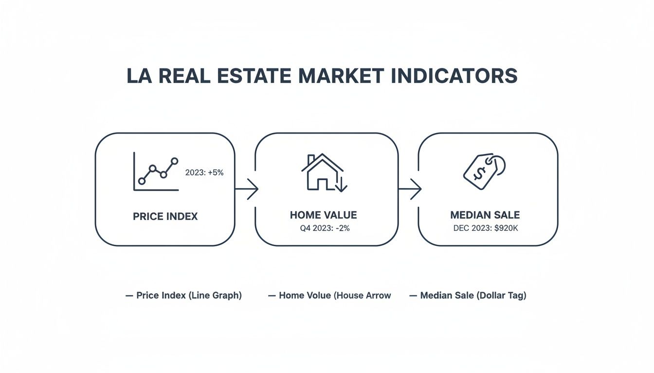 Los Angeles real estate market indicators display price index, home value, and median sale data.