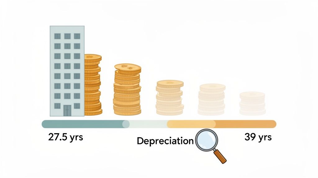 Building, diminishing coin stacks, and a timeline illustrating property depreciation over 27.5 and 39 years.