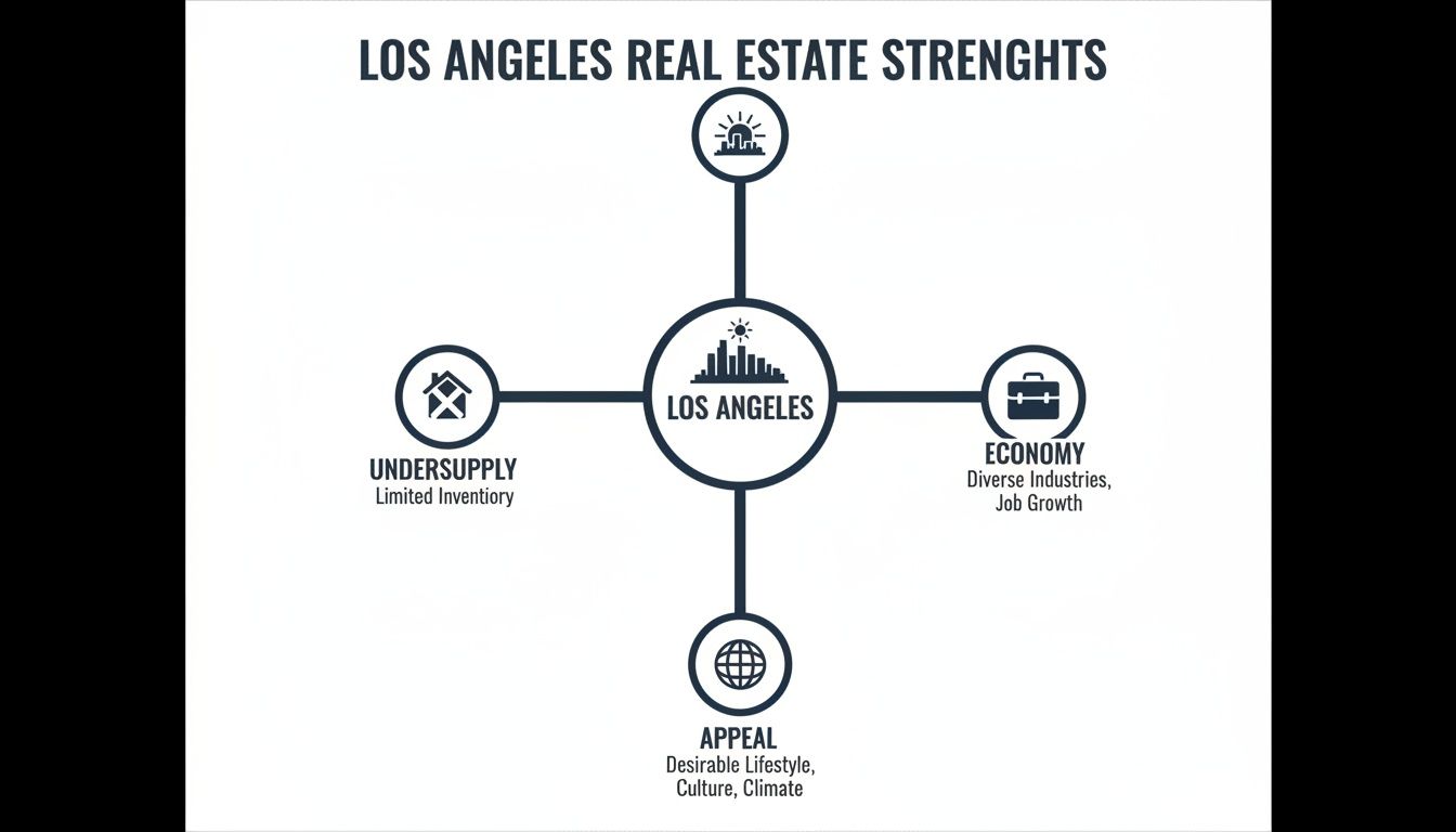 Diagram illustrating Los Angeles real estate strengths: undersupply, strong economy, and lifestyle appeal.