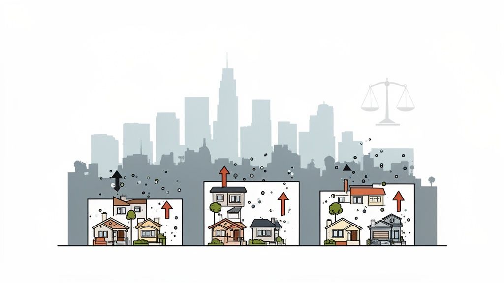 Illustration of a city skyline with houses below, showing upward arrows, particles, and a scale of justice.