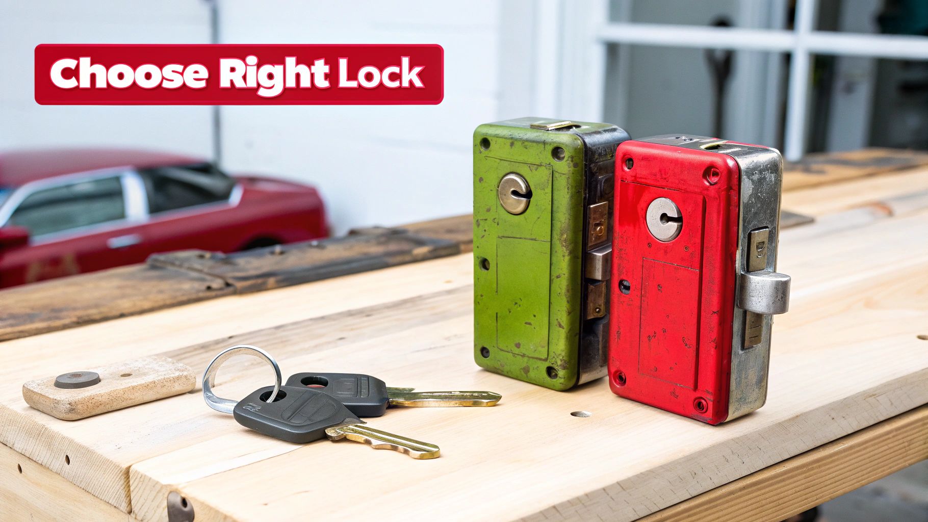 Two vintage car door locks, one green and one red, with keys on a wooden bench.