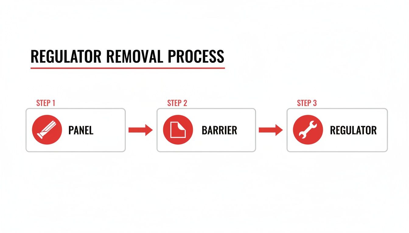 Flowchart detailing the three steps for regulator removal: panel, barrier, then regulator, each with a relevant icon.
