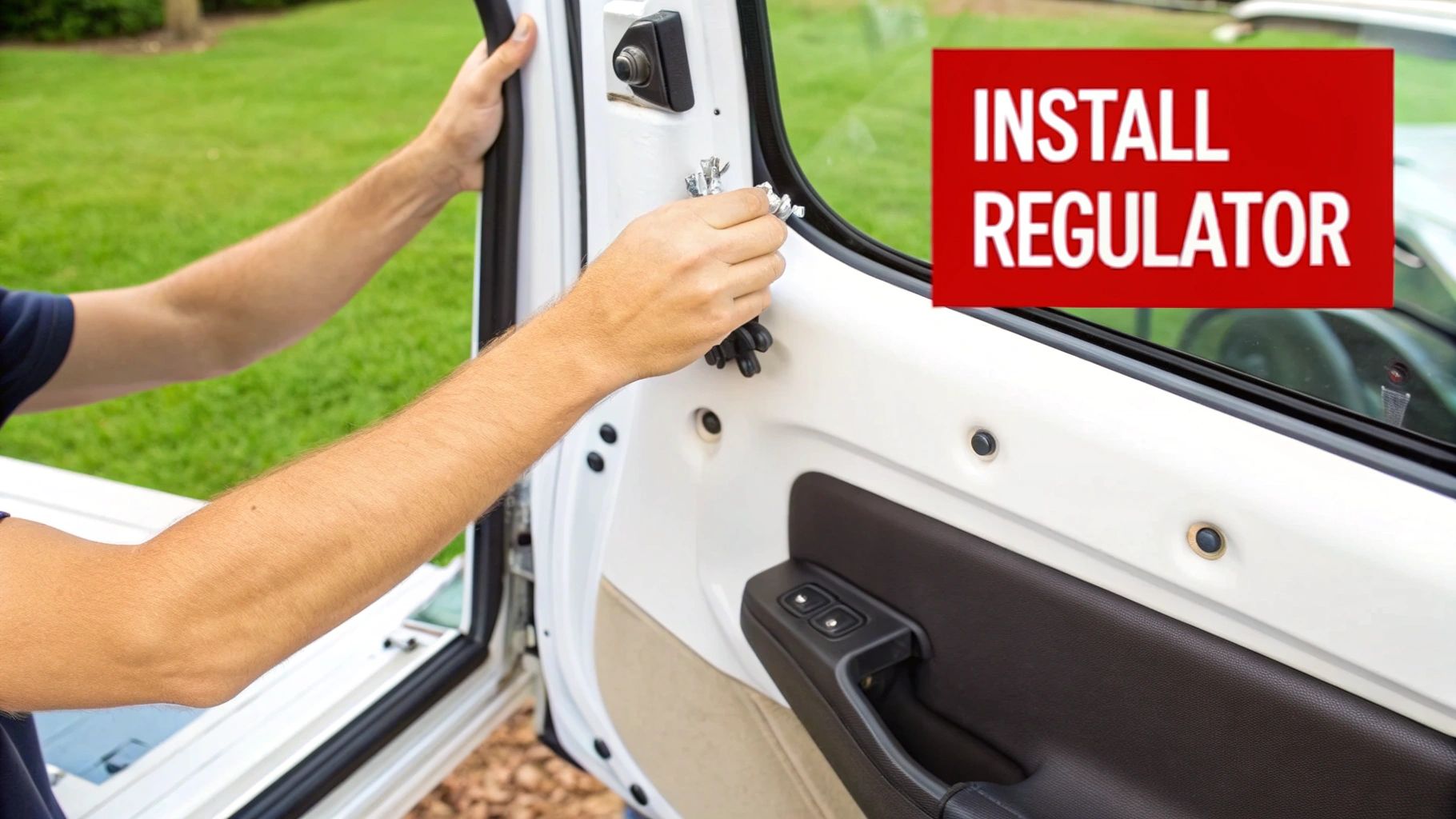 Close-up of a person's hands installing a window regulator into a white car door.